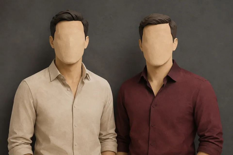 Ilustração provisória de dois homens, reservando o espaço para a foto dos fundadores