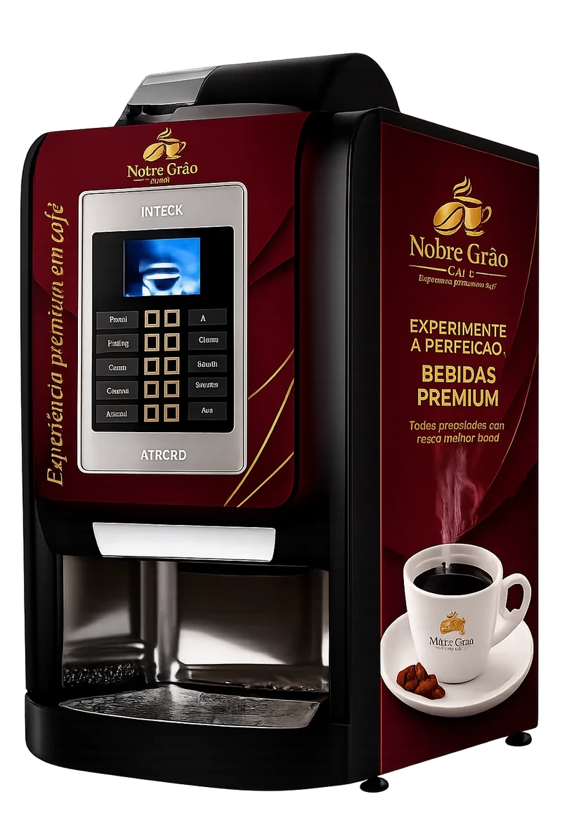 Máquina de café Krea Prime com a identidade vinho e dourado da Nobre Grão