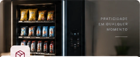 Máquina de vending com snacks e bebidas em um ambiente corporativo